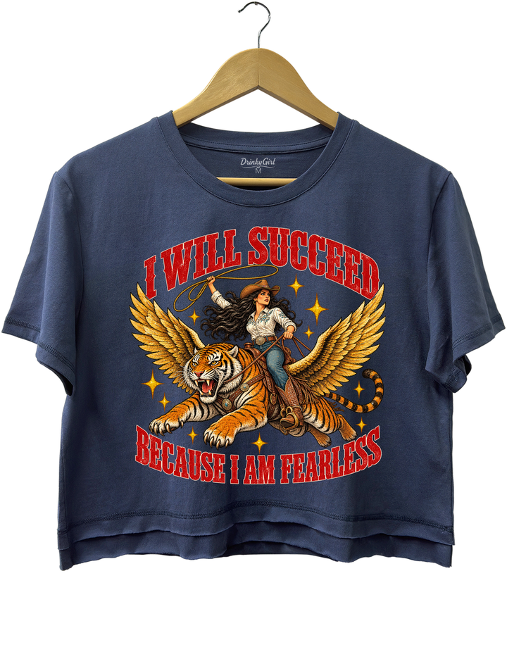 I Will Succeed Because I Am Fearless Cowgirl Flying Tiger Crop Top - Navy Blue