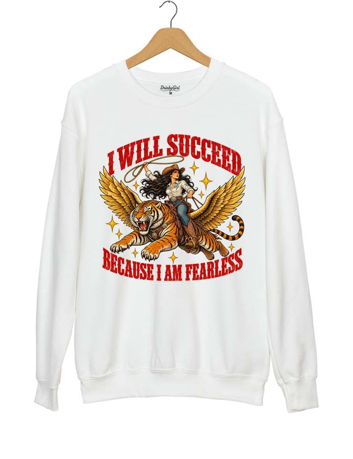 I Will Succeed Because I Am Fearless Cowgirl Flying Tiger Sweatshirt - White