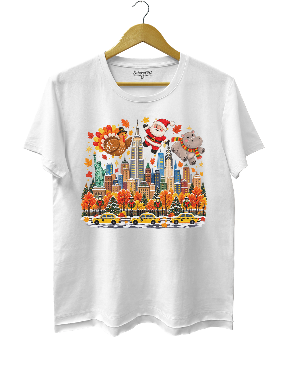 Thanksgiving Turkey Santa and Hippo Tee - White