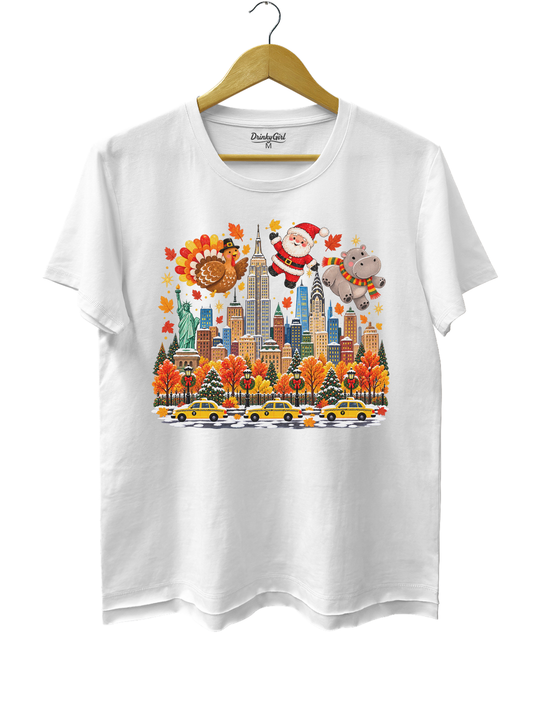 Thanksgiving Turkey Santa and Hippo Tee - White