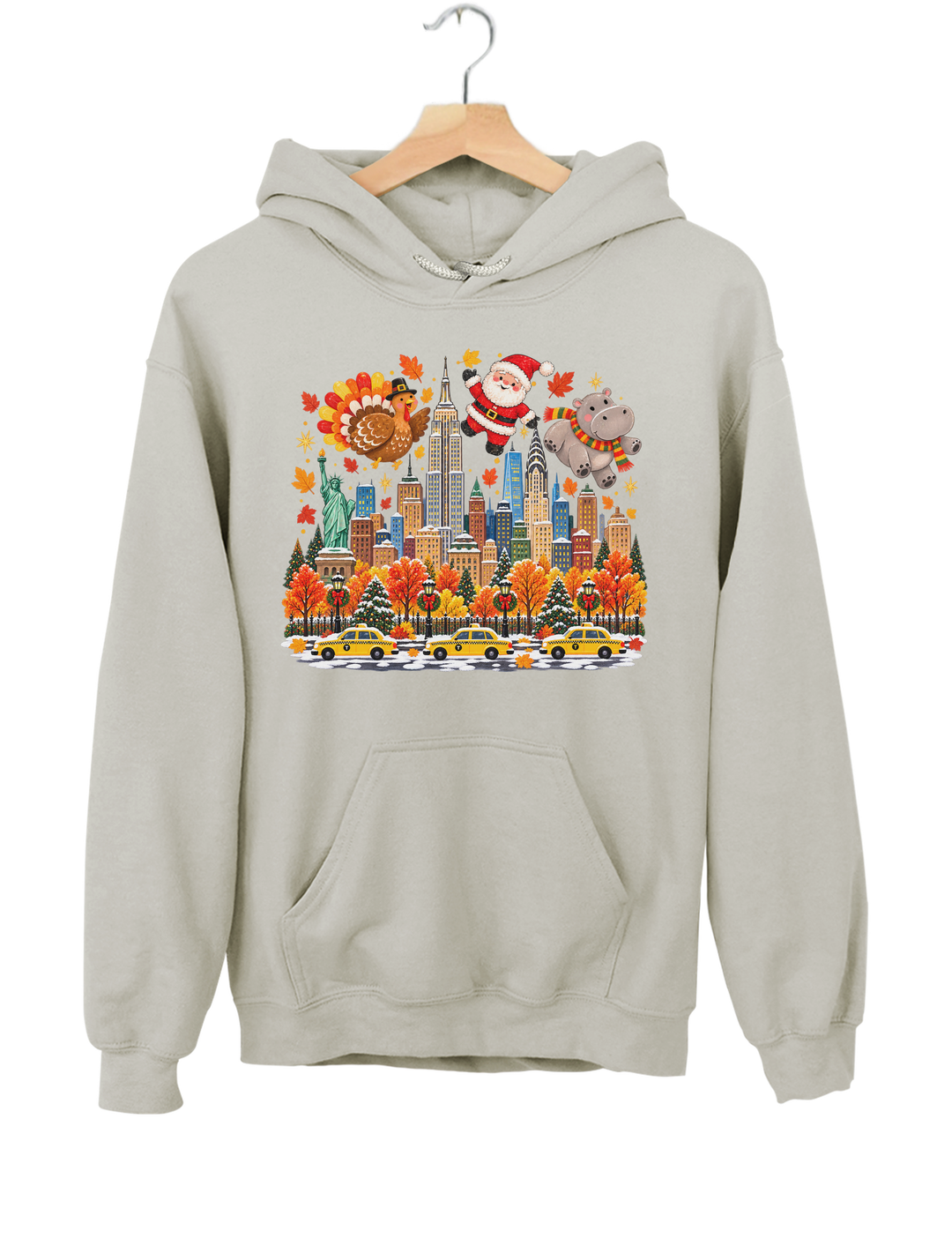 Thanksgiving Turkey Santa and Hippo Hoodie - Gray