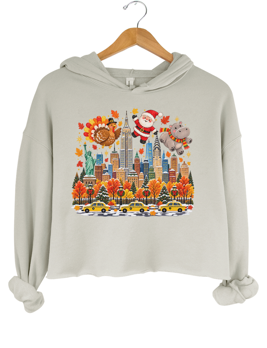 Thanksgiving Turkey Santa and Hippo Crop Hoodie - Gray