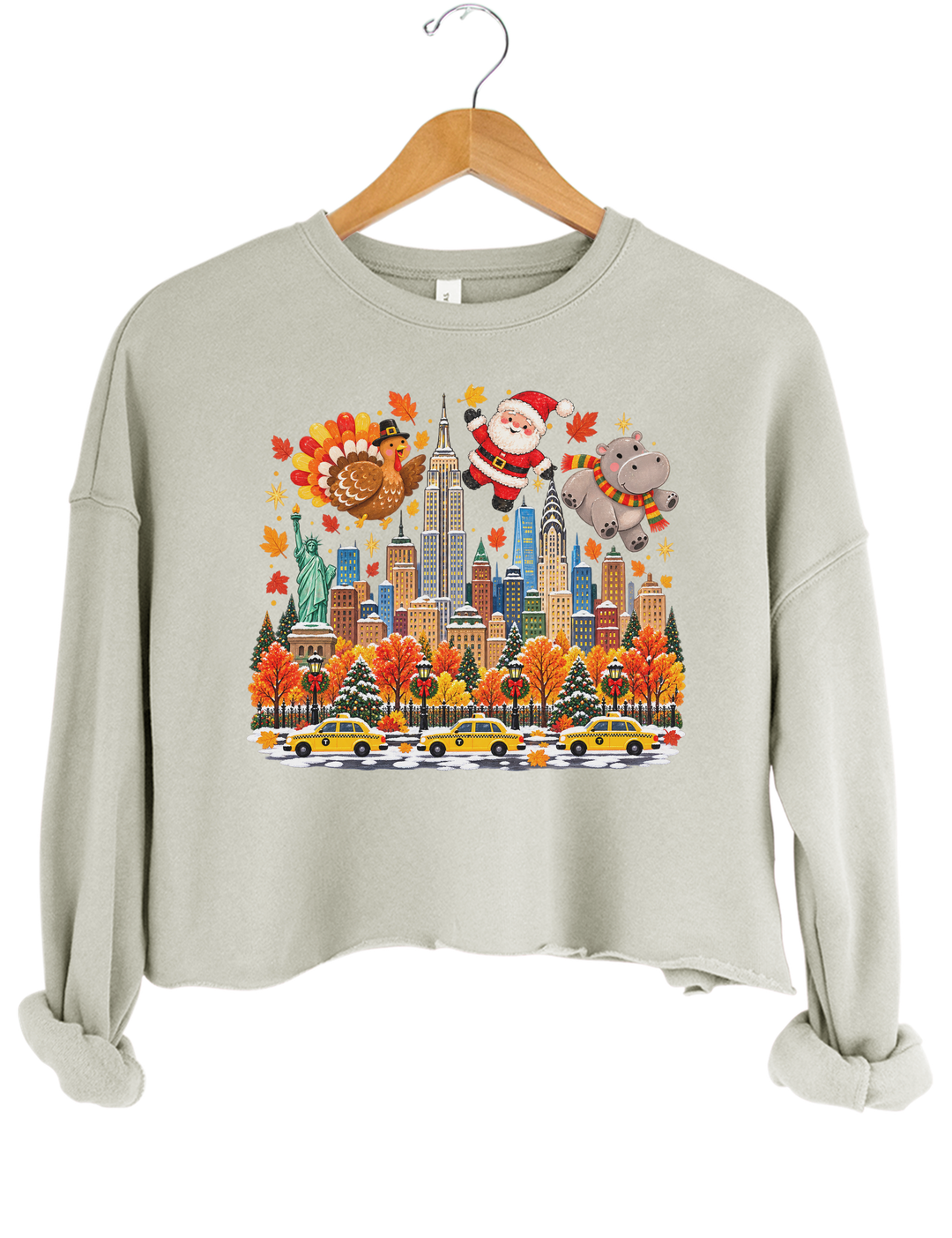 Thanksgiving Turkey Santa and Hippo Crop Sweatshirt - Gray