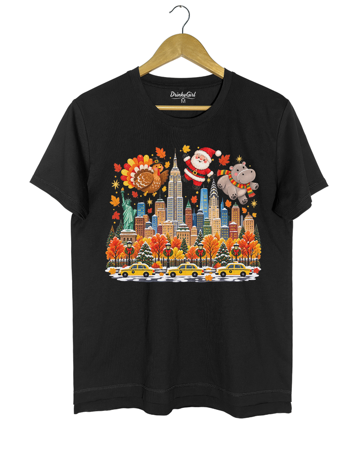 Thanksgiving Turkey Santa and Hippo Tee - Black