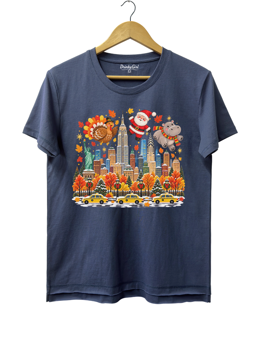 Thanksgiving Turkey Santa and Hippo Tee - Navy Blue
