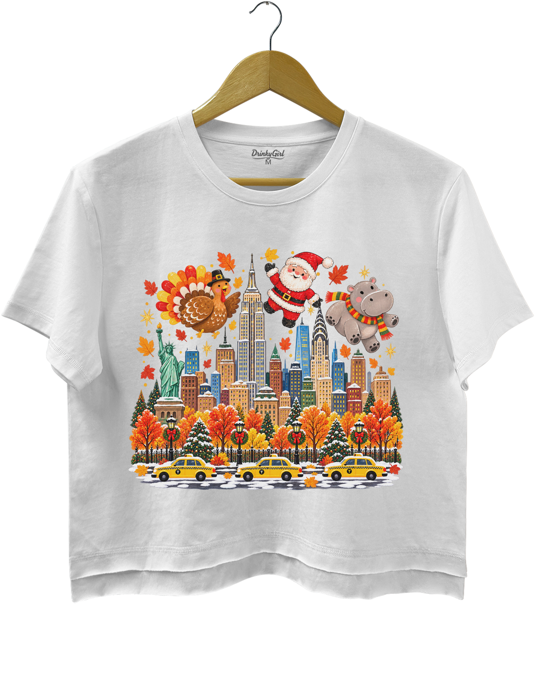 Thanksgiving Turkey Santa and Hippo Crop Top - White