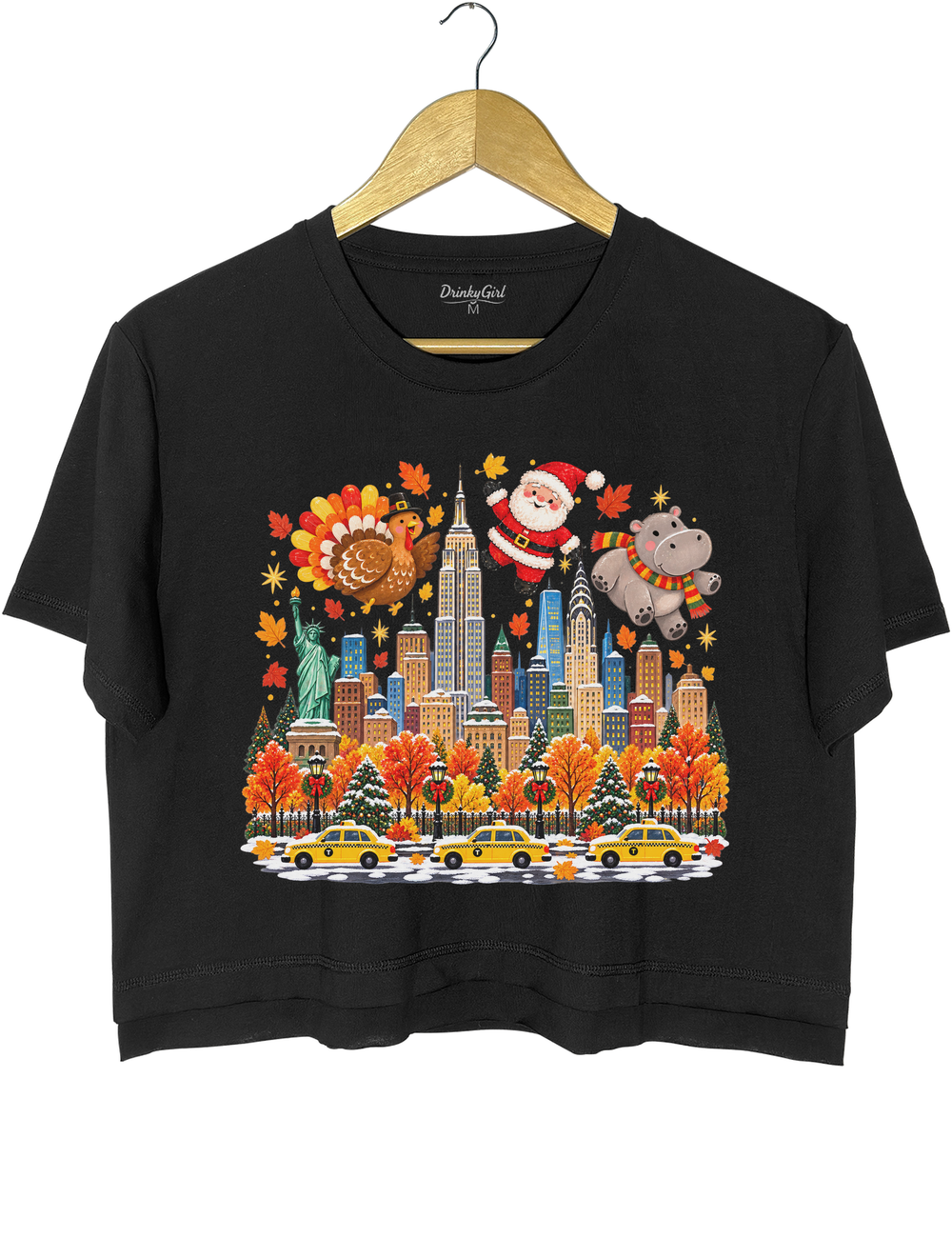 Thanksgiving Turkey Santa and Hippo Crop Top - Black