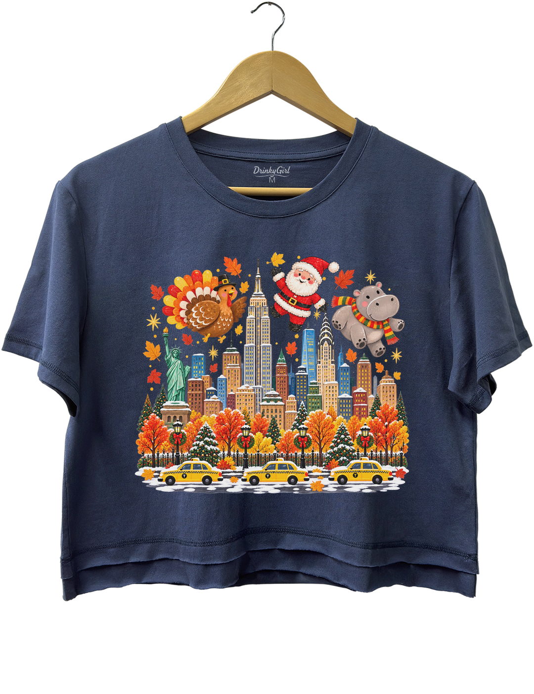 Thanksgiving Turkey Santa and Hippo Crop Top - Navy Blue