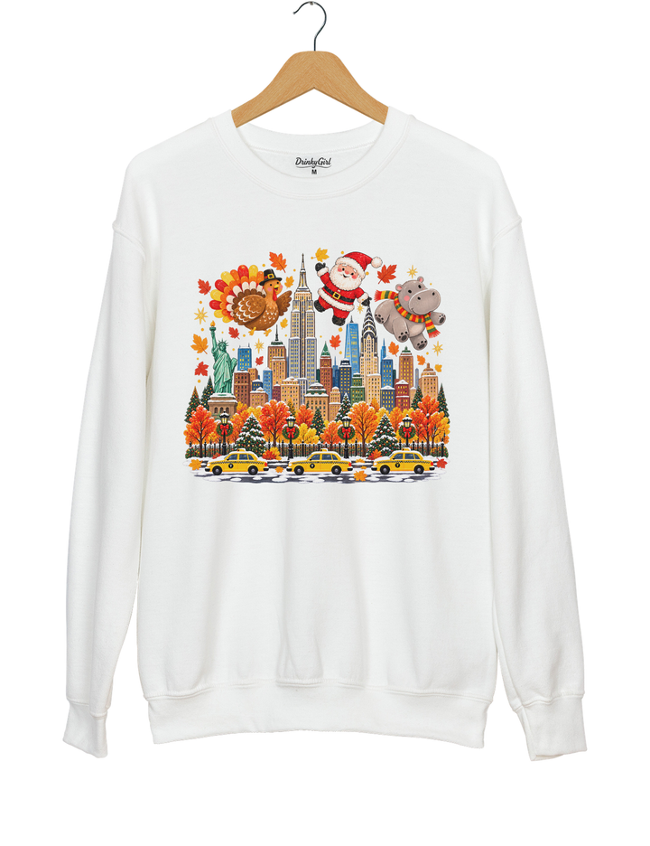 Thanksgiving Turkey Santa and Hippo Sweatshirt - White