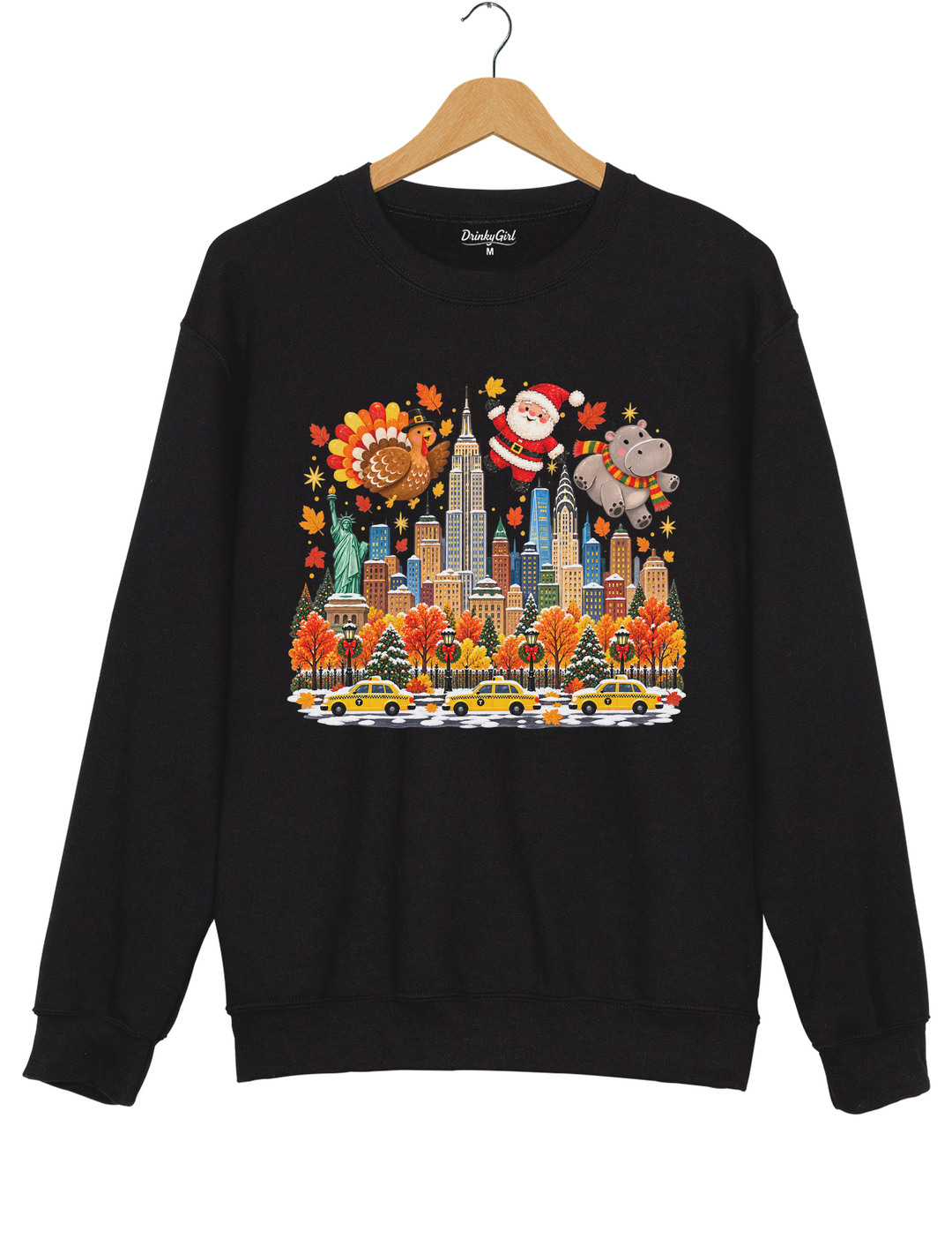 Thanksgiving Turkey Santa and Hippo Sweatshirt - Black
