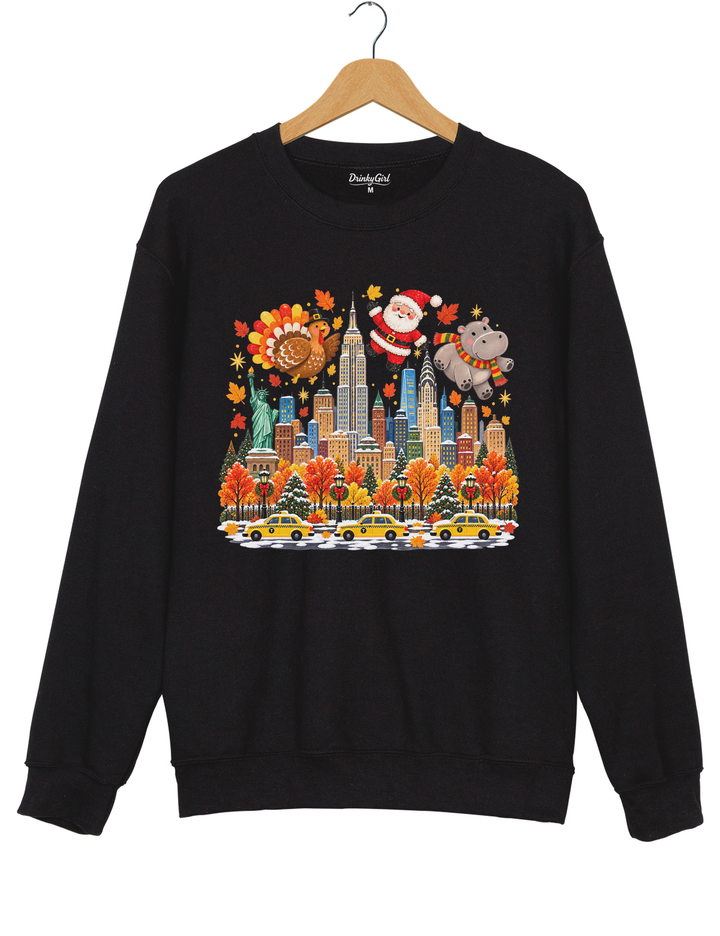 Thanksgiving Turkey Santa and Hippo Sweatshirt - Black