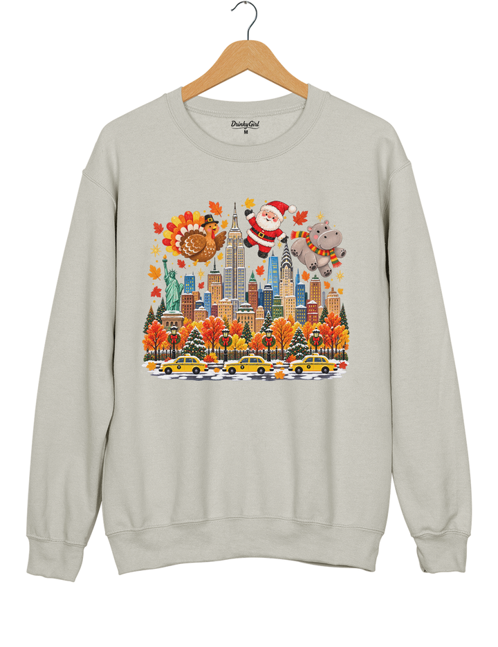 Thanksgiving Turkey Santa and Hippo Sweatshirt - Gray